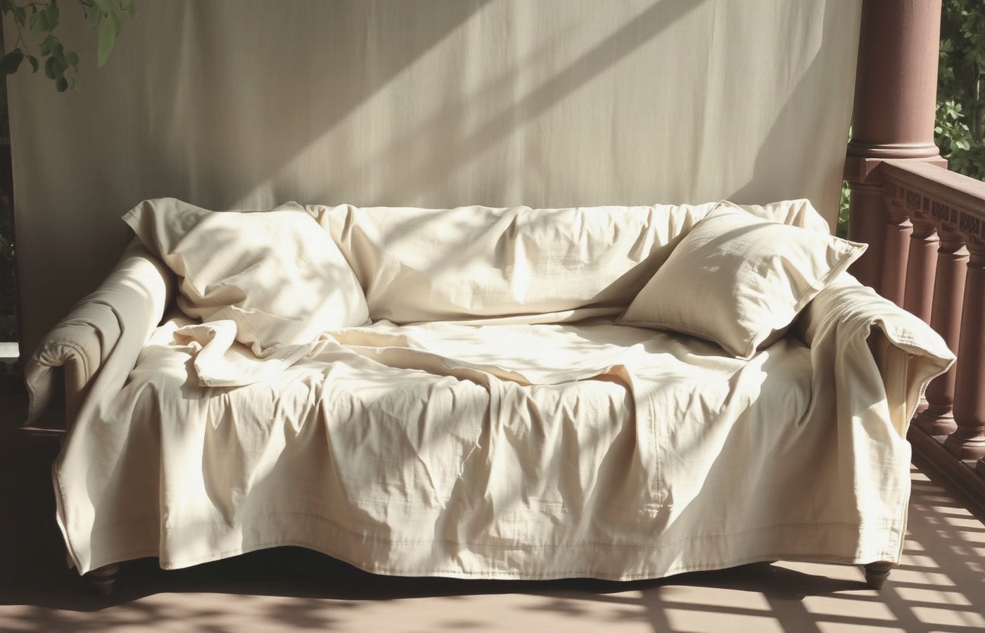 A linen-draped daybed in dappled afternoon shade