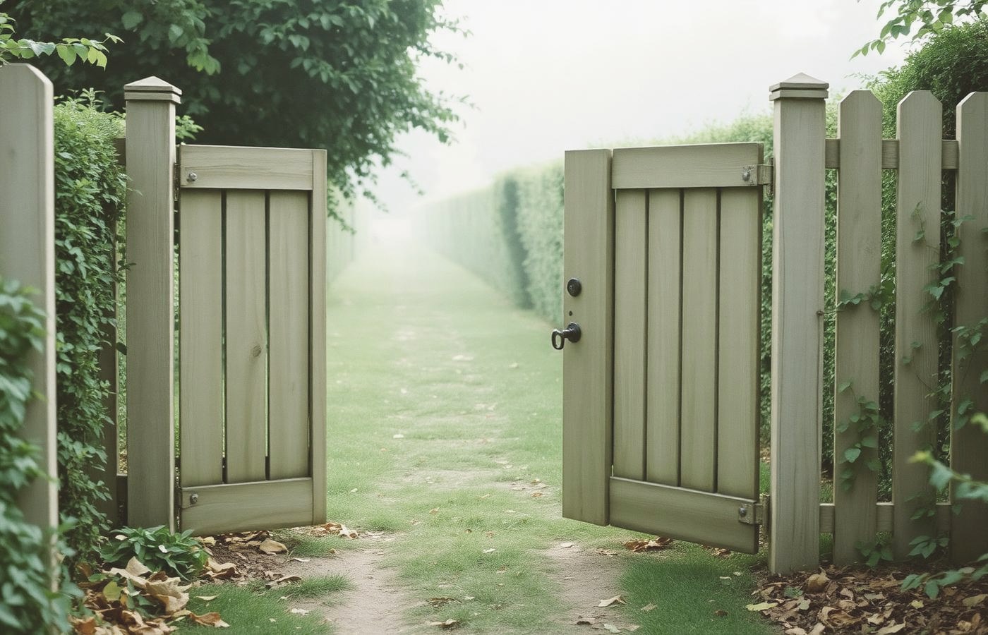 An open wooden garden gate onto a soft green path