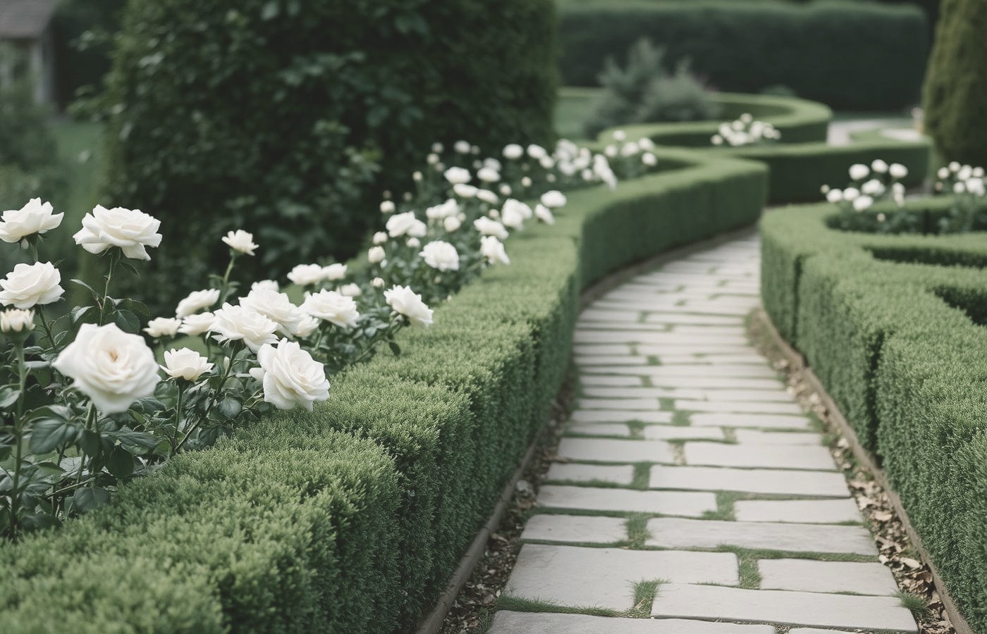 A stone garden path edged with clipped hedges and pale roses