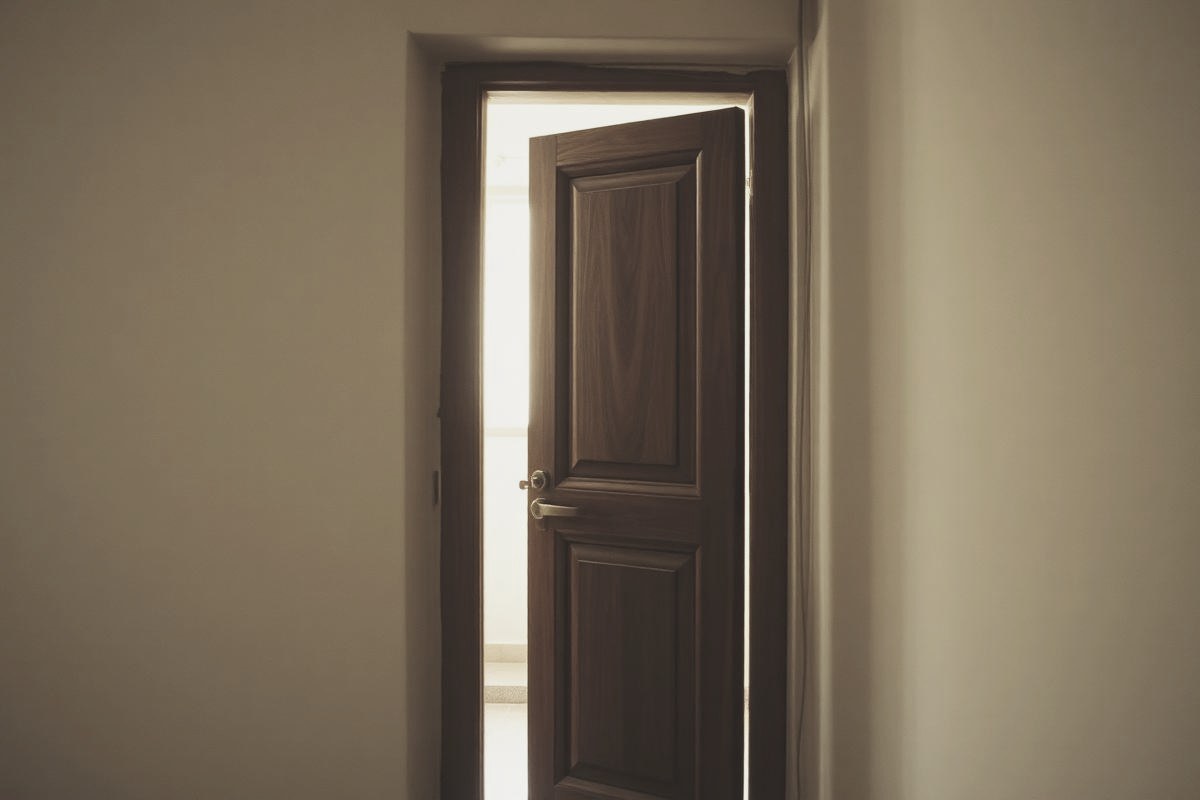 A wooden door left slightly ajar with soft morning light spilling through