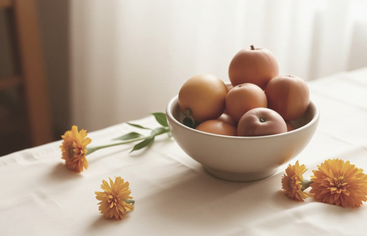 A ceramic bowl of fruit and marigolds on a cream cloth