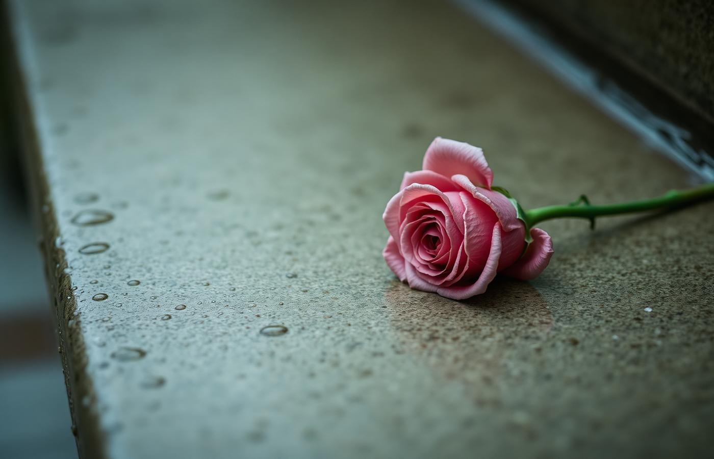 A single rose lying on a wet stone step after rain