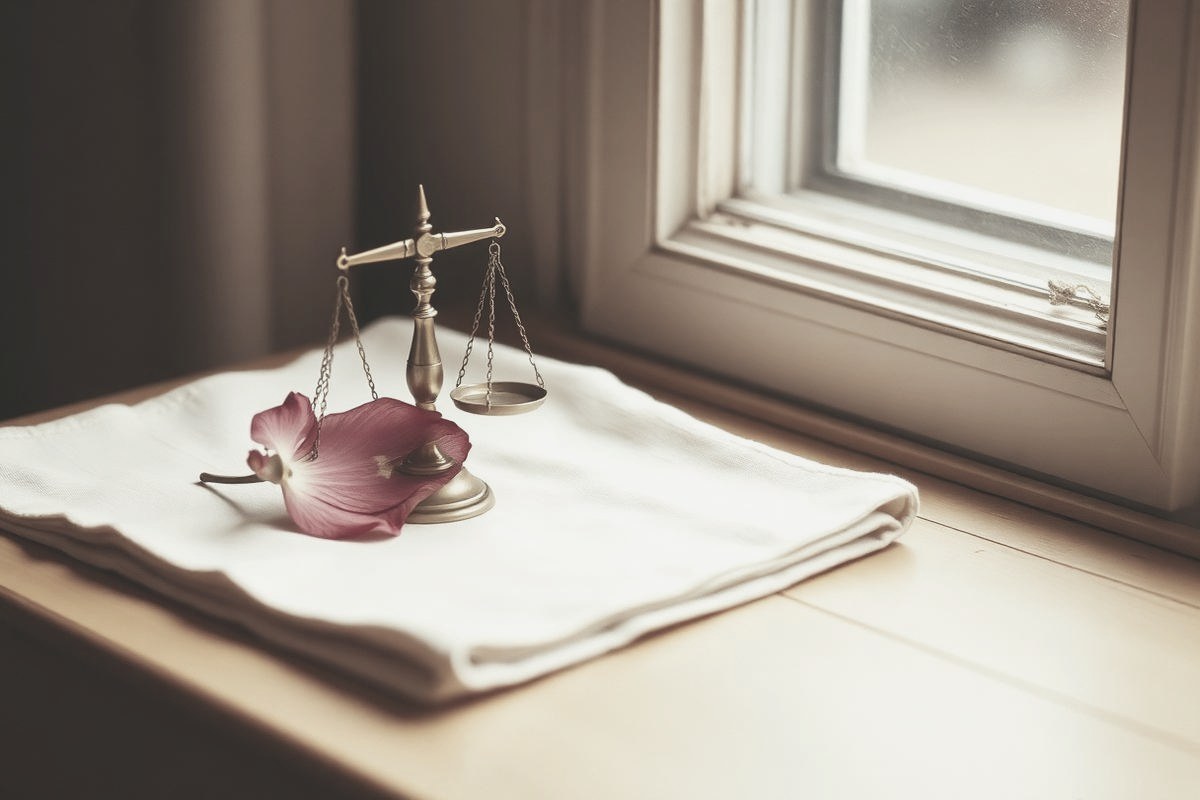 Small brass balance scales resting on pale linen beside a single rose petal