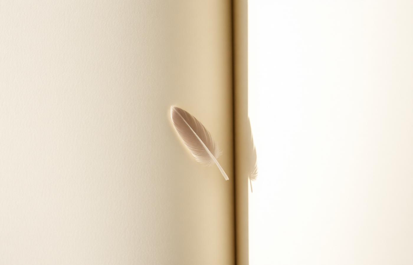 A soft feather resting on a blank cream page