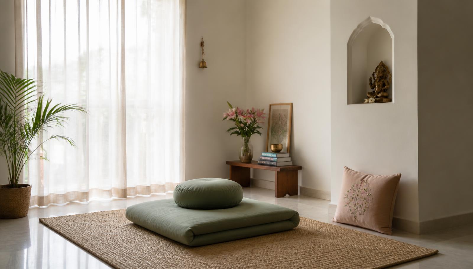 A quiet corner of a sunlit room with a sage green meditation cushion