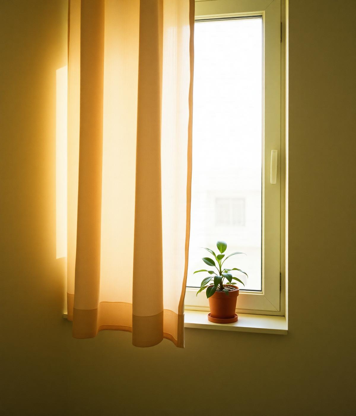 Morning light through a sheer curtain with a small plant on the sill