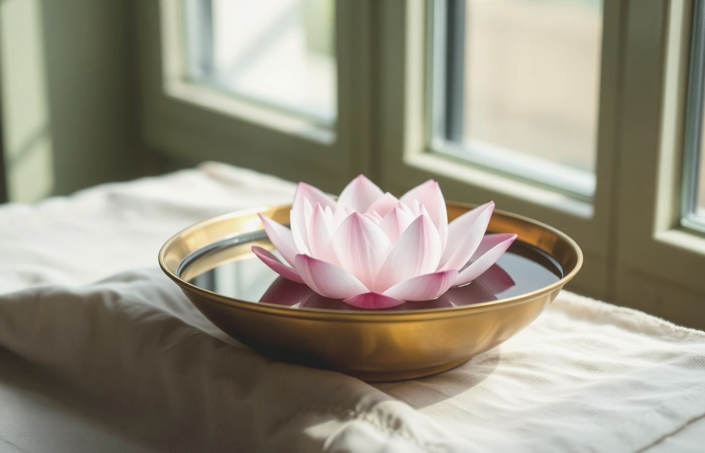 A pale pink lotus floating in a brass bowl of water