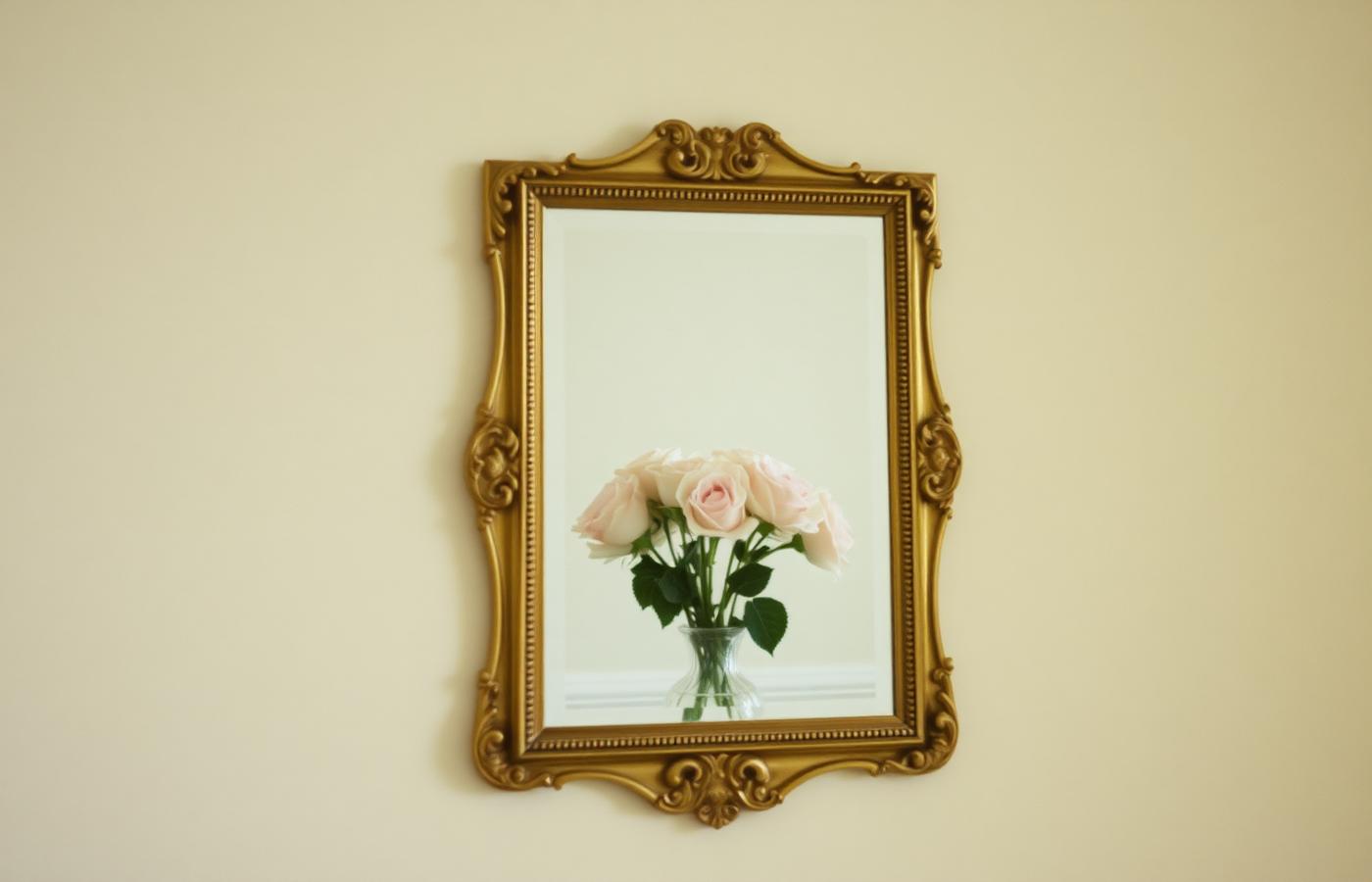 A gilt mirror on a cream wall reflecting pale roses