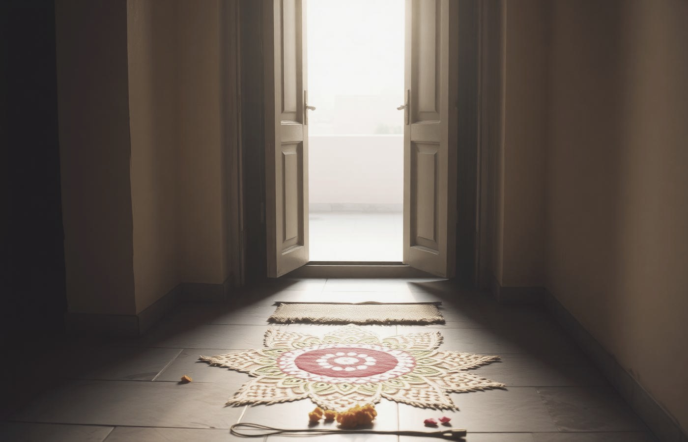 Early light falling through a doorway onto a freshly drawn rangoli