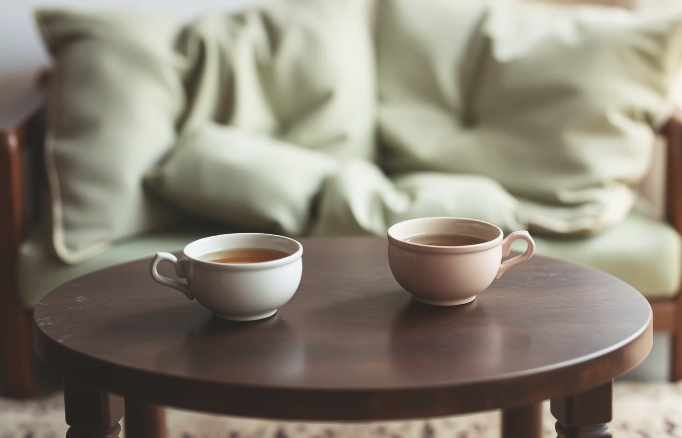 Two cups of tea facing each other on a low wooden table
