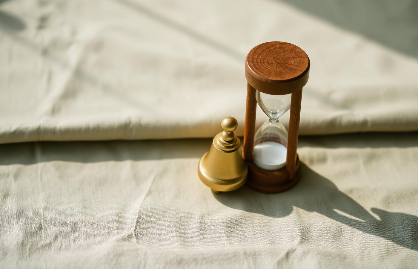 A small brass bell and a wooden hourglass on sage linen