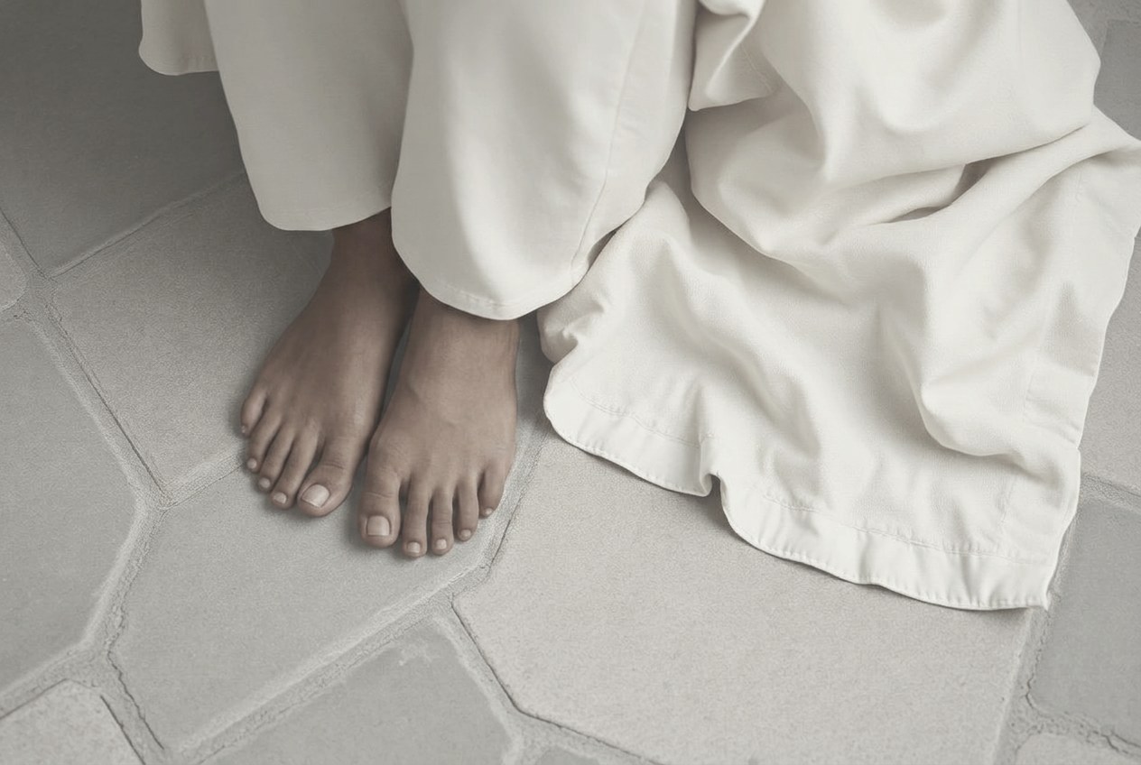 Bare feet resting on a cool stone floor beside a folded linen blanket
