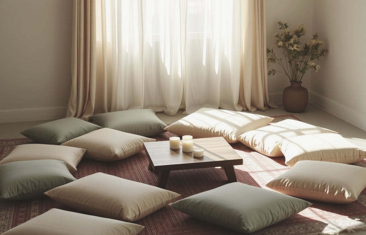 A circle of floor cushions around a low table with candles