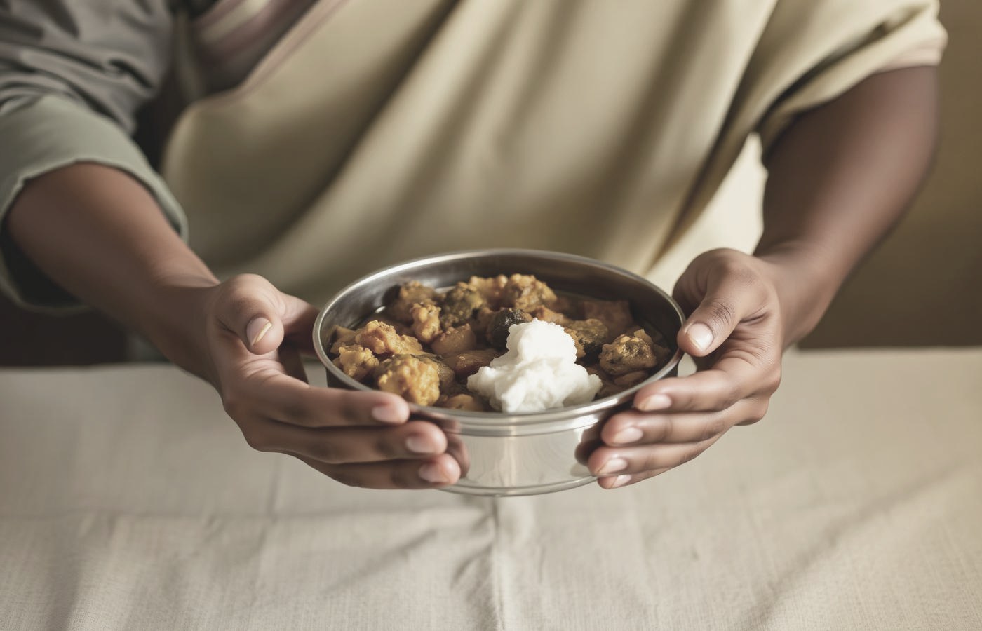 Hands offering a steel tiffin of home cooked food
