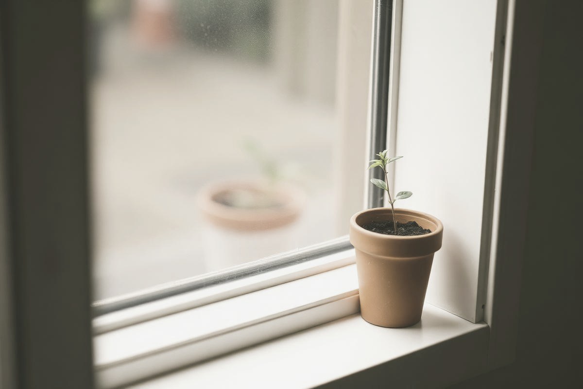 A tiny green seedling in a terracotta pot on a pale windowsill