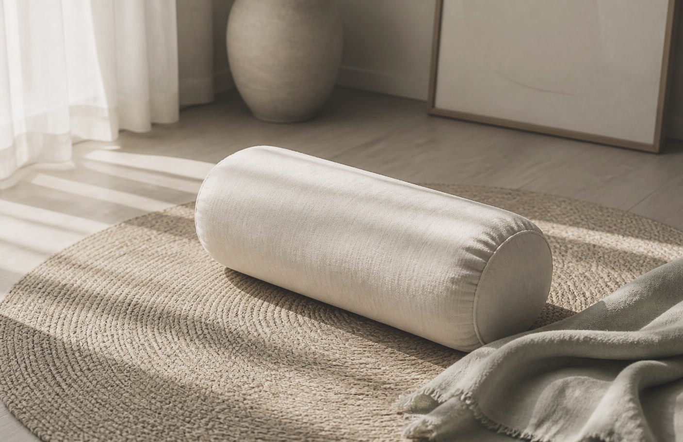 Bare feet resting on a woven mat beside a linen bolster