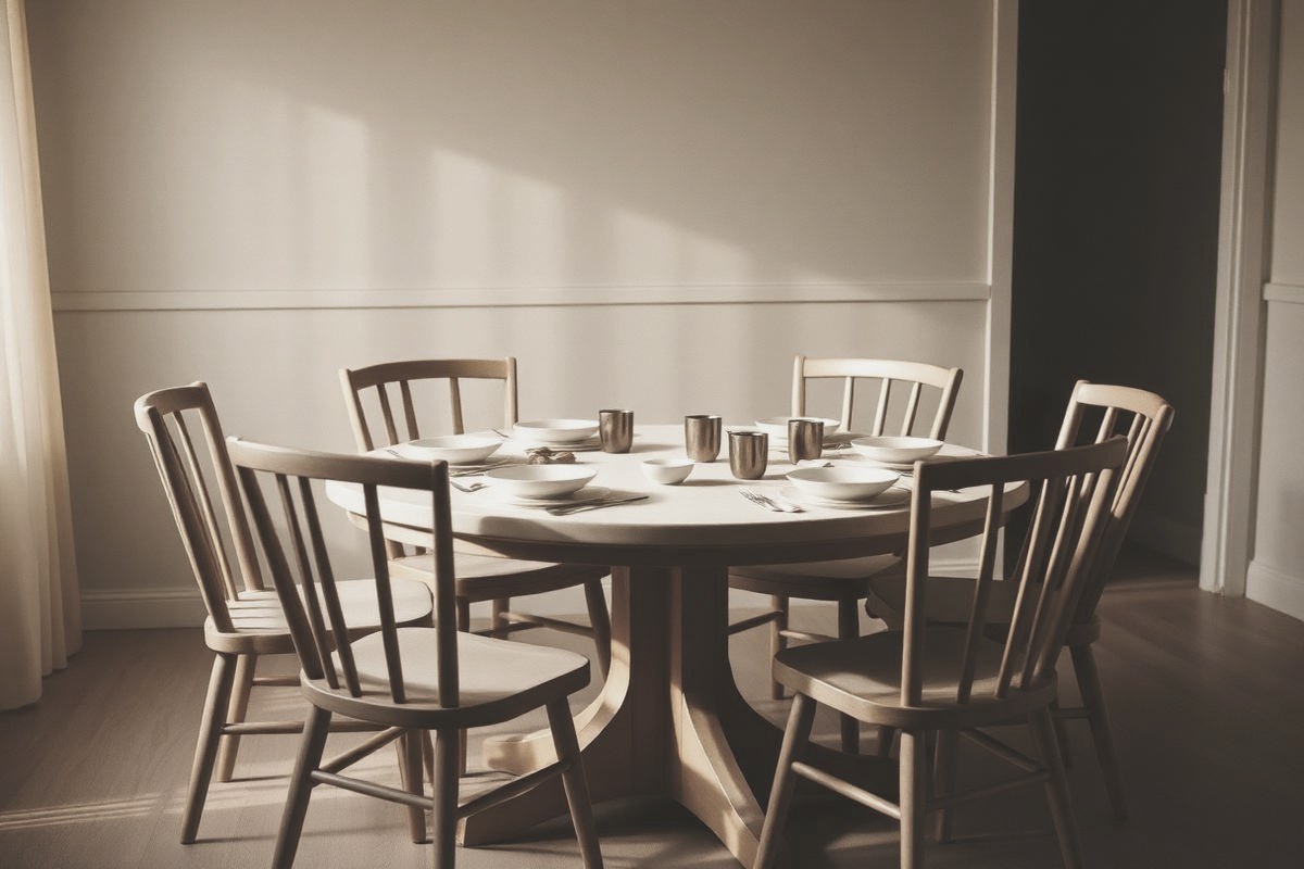 A round wooden family table with simple bowls and brass tumblers in evening light