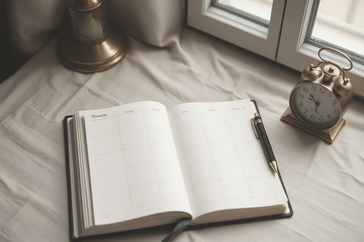 An open paper diary and pen beside a small brass clock on a linen desk