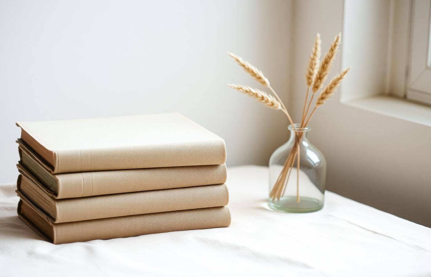 A stack of cloth-bound books beside dried grasses