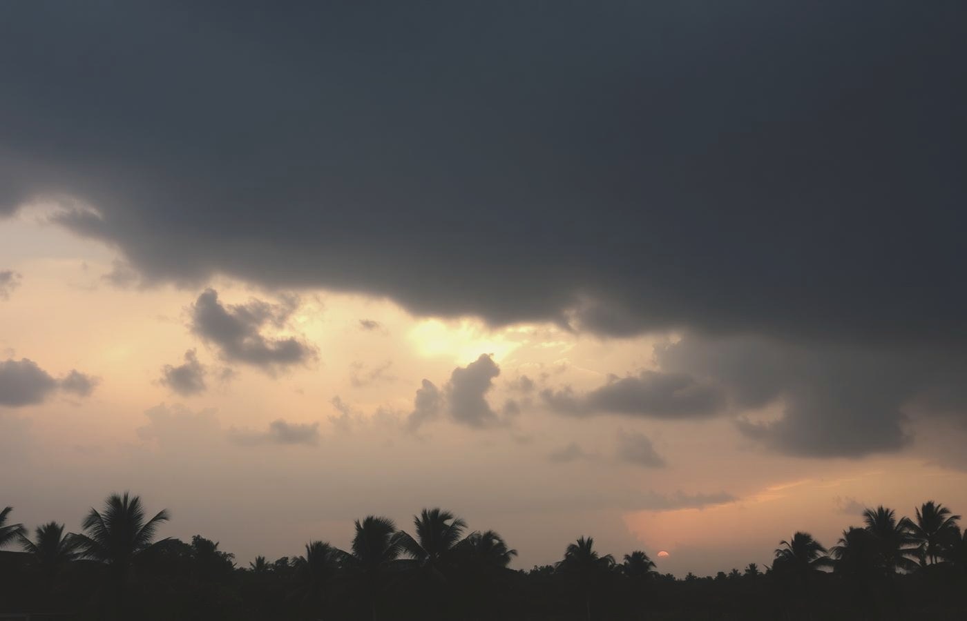 A monsoon sky clearing to soft light over palm trees